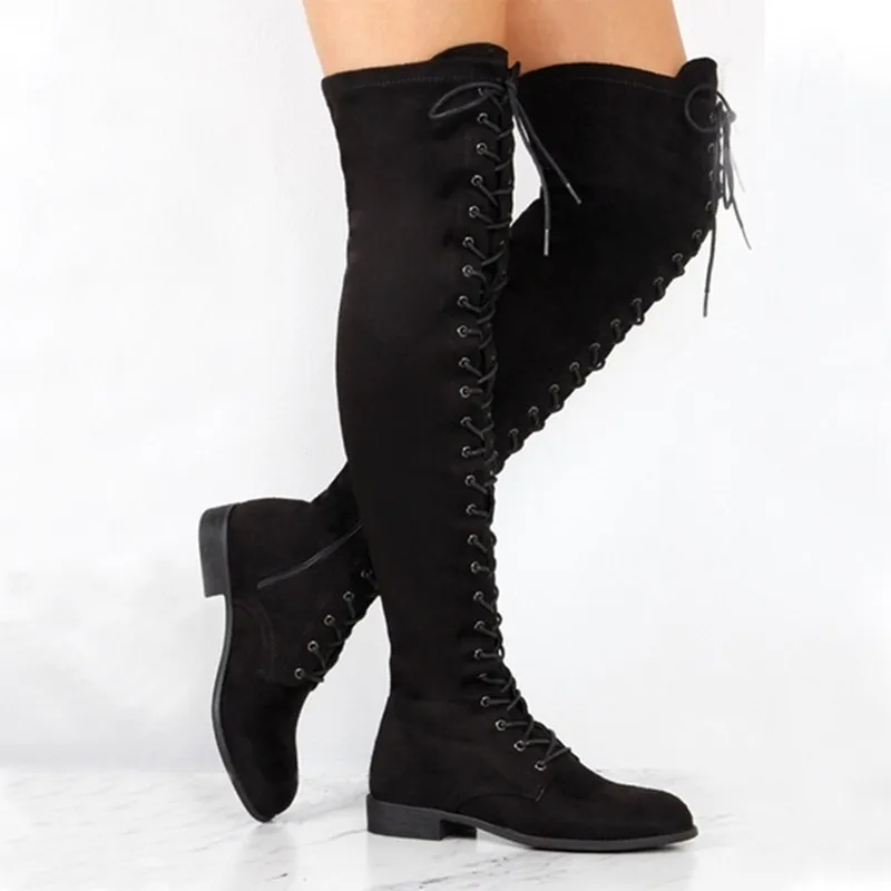 RYAMAG/ г. Новые модные женские сапоги до колена высокие парусиновые сапоги на плоской подошве для танцев на шнуровке Zapatos De Mujer Botas