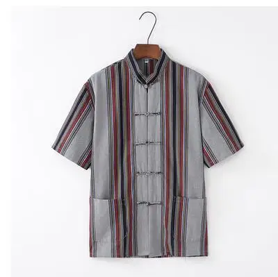 Летняя мужская хлопковая китайская рубашка в стиле Тан, китайские традиционные Топы tai chi - Цвет: stripe