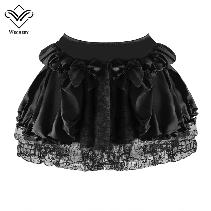 

Wechery New Women Tulle Skirts Sexy Steampunk High Elasticity Pleated skirts Black Gothic Corset Skirt Lace Mini Micro Skirts