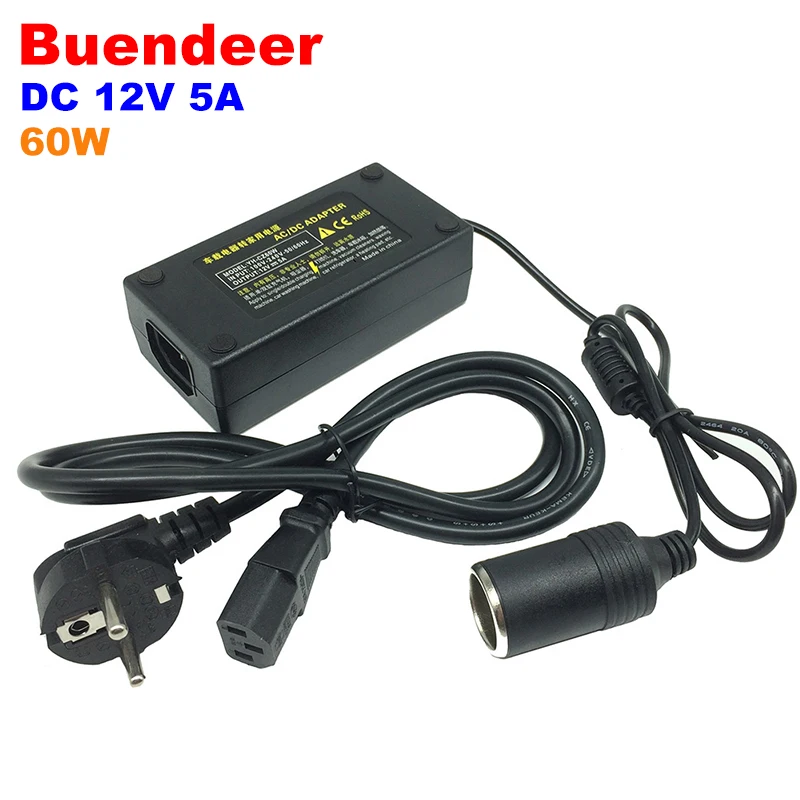 Adapter for 5A 60W Car Electrical Appliances AC 100~240V To DC 12V Power Converter with Cigarette Lighter Socket