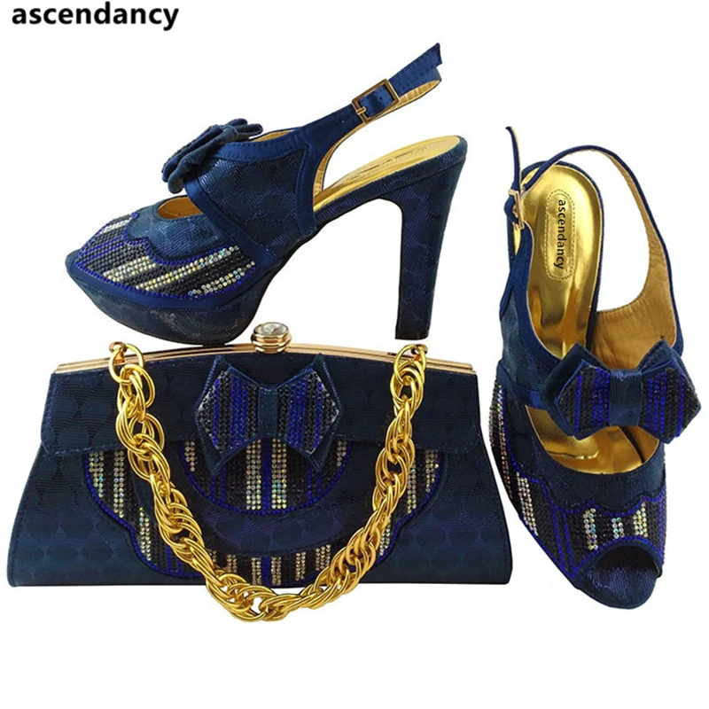 

Dark Blue Shoes and Bag Set Matching New 2018 Nigerian Shoes & Bag Slingback Pumps Rhinestone Wedding Party Peep Toe Women Shoes