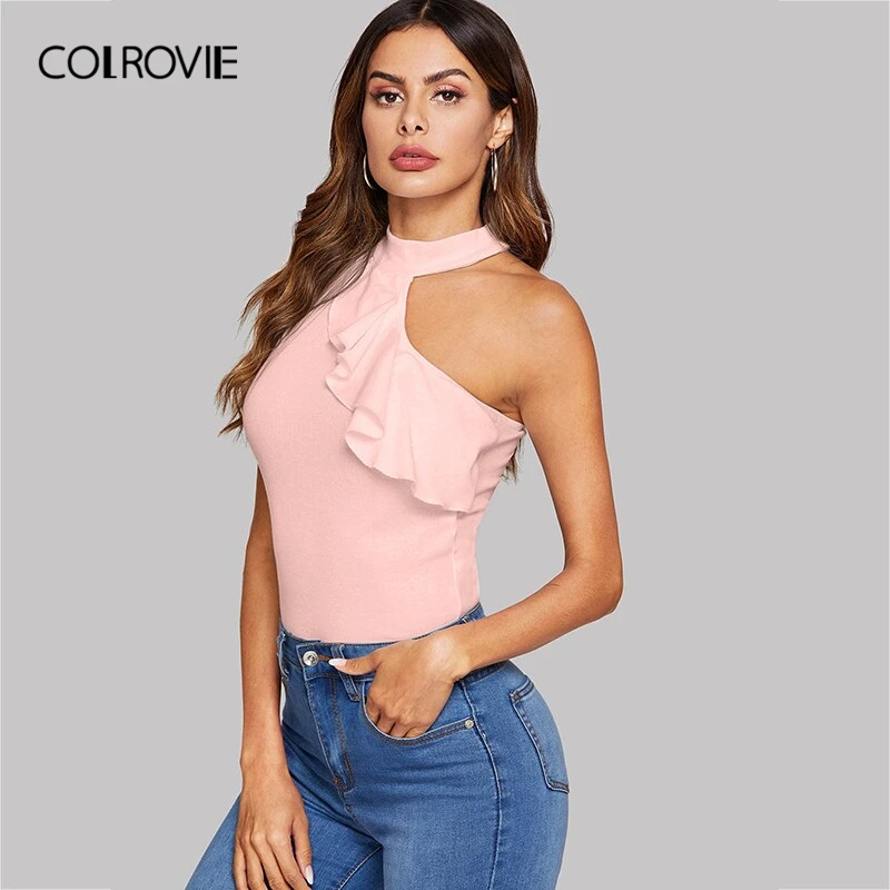 COLROVIE, асимметричный женский топ с рюшами, лето, гламурные элегантные офисные женские жилеты плотной посадки с вырезами