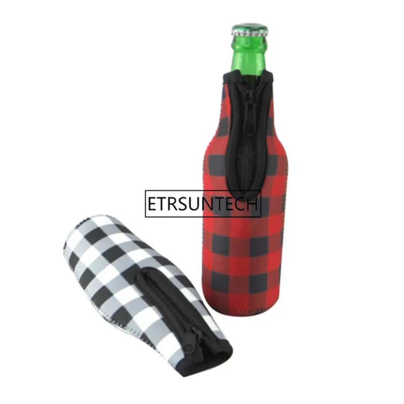 

Christmas Check Beer Cooler Wholesale Blanks Buffalo Plaid Bottle Wrap Neoprene Beer Holder Wedding Gift free shipping