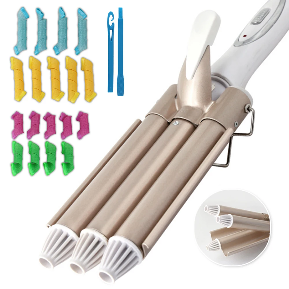 

Professional Ceramic Triple Barrel Hair Curler 18pcs Manual Hair Curlers 110-220v Hair Styler Marchine Hair Waver Styling Tools