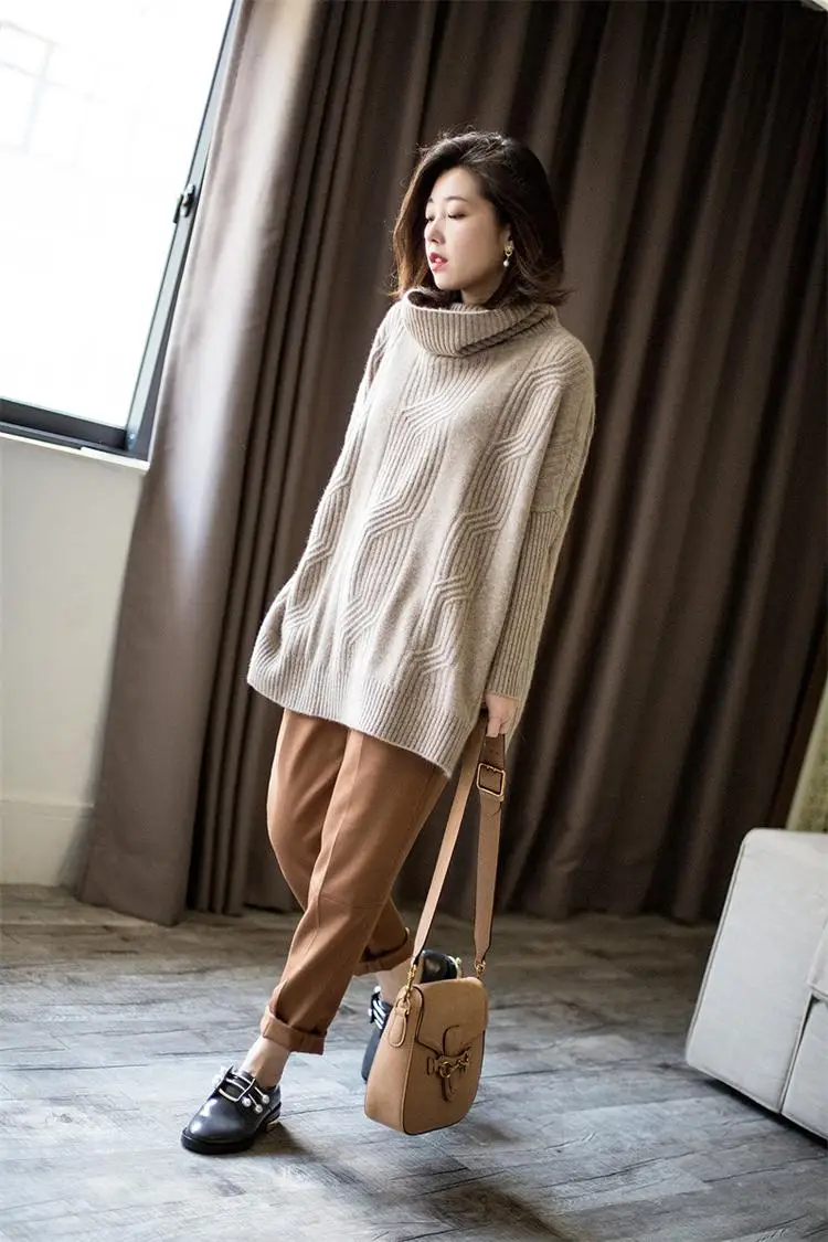 Осенний и зимний кашемировый свитер с высоким воротом, женский модный комплект, свободный шерстяной свитер, Однотонный свитер - Цвет: Camel