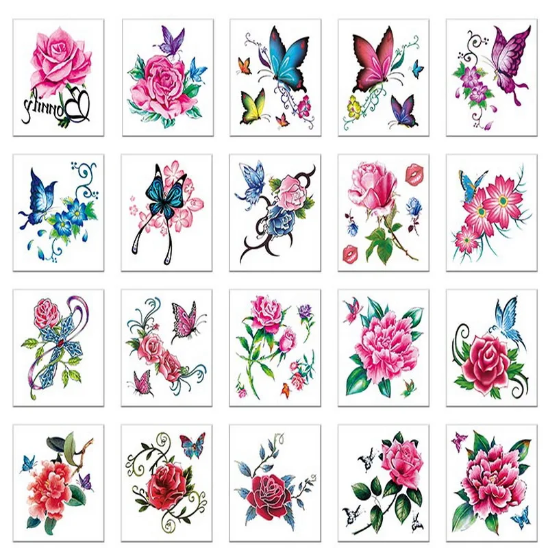 52 шт./лот, набор временных татуировок, цветная бабочка, наклейка с птицами, цветок, тату, наклейка для женщин, детей, флеш-тату, наклейка на плечо