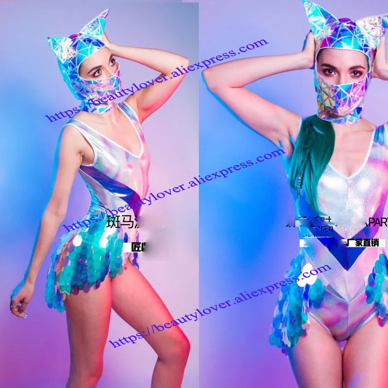 Сексуальный ночной клуб костюм с пайетками Женщины Девушки сценическая одежда лазер боди кошка маска ГОГО одежда будущее космическое шоу