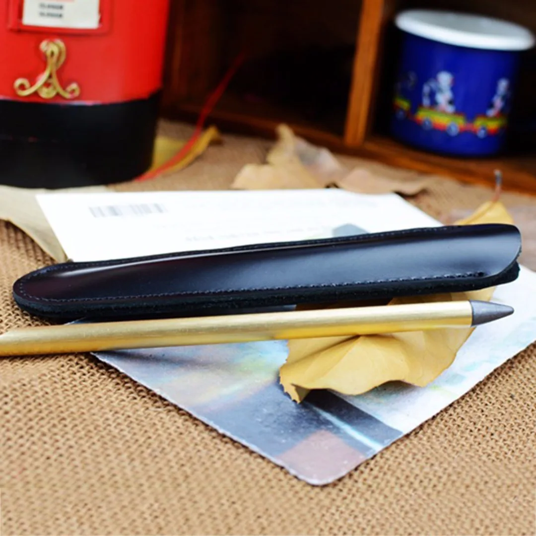 1pc Black Leather Handcrafted Single Pen Pencil Bag Holder Storage Sleeve Pouch