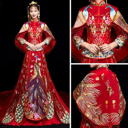 Китайское традиционное платье красный с длинным рукавом Cheongsam вышивка Qipao восточные платья свадебные приглашения халат Павлин Костюм