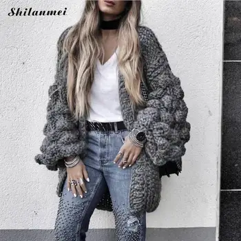 

2018 Fashion Black Cardigan Women Autumn Winter Ball Design Long Sleeve Loose Knitted Sweater Coat Red Gray Outerwear Pull Femme