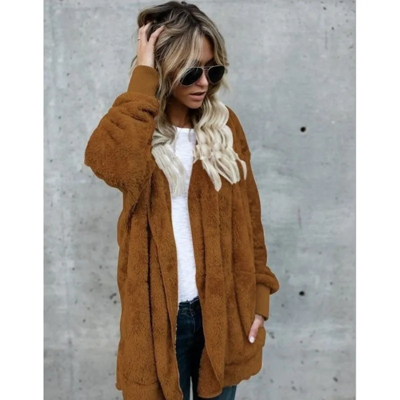 

Winter Plush Warm Cotton CoatWomen Hooded Coat Cardigan Warm Loose Sweater Long Sleeve Fur Coat Outwear