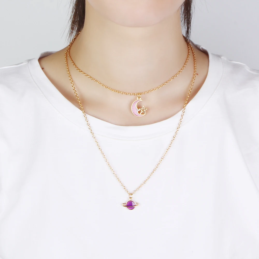 New Cute/Romantic Moon/Star Multi Color Pendant Choker Necklace Gold