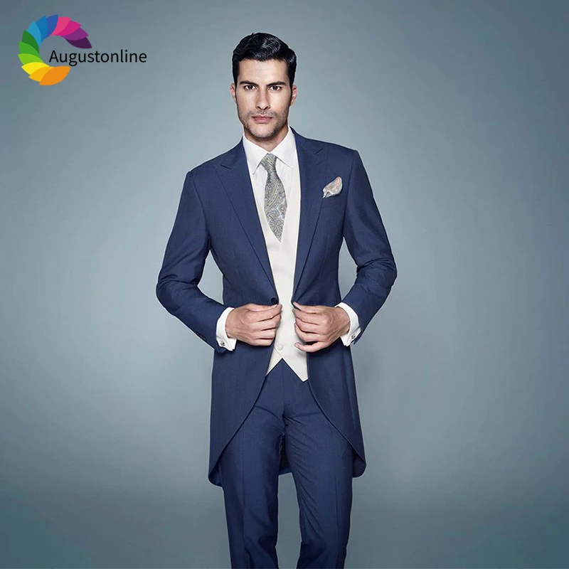 Traje azul marino para hombre, traje para boda, abrigo con solapa de pico, esmoquin para fiesta de graduación, novio, Slim Fit, + Pantalones + chaleco|Trajes| - AliExpress