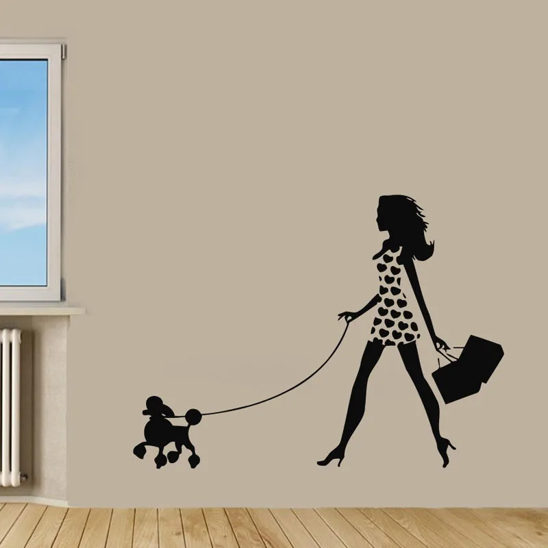 ZOOYOO Girl Walking With Poodle Wall Decals Pet Dog Wall Sticker Home Decor Living Room Bedroom Decoration