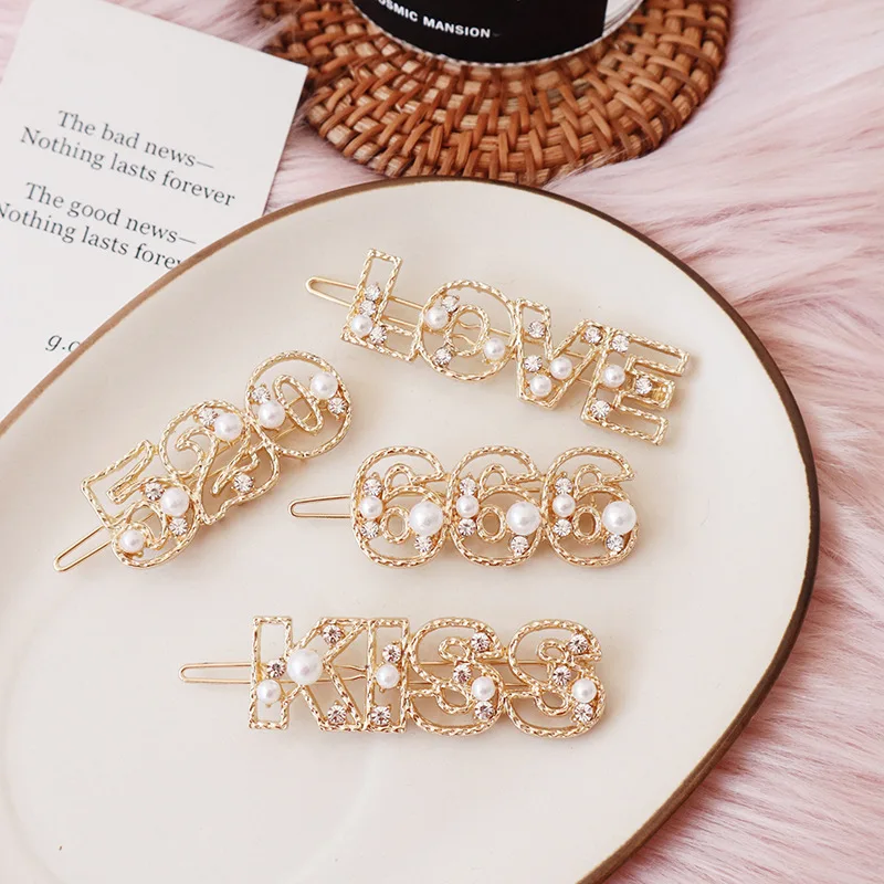 

2019 New Arrival Pearl Rhinestone Letter Number Hair Clips Hairpin Metal Barrettes Hairpins for Women Girl Hair Accessories