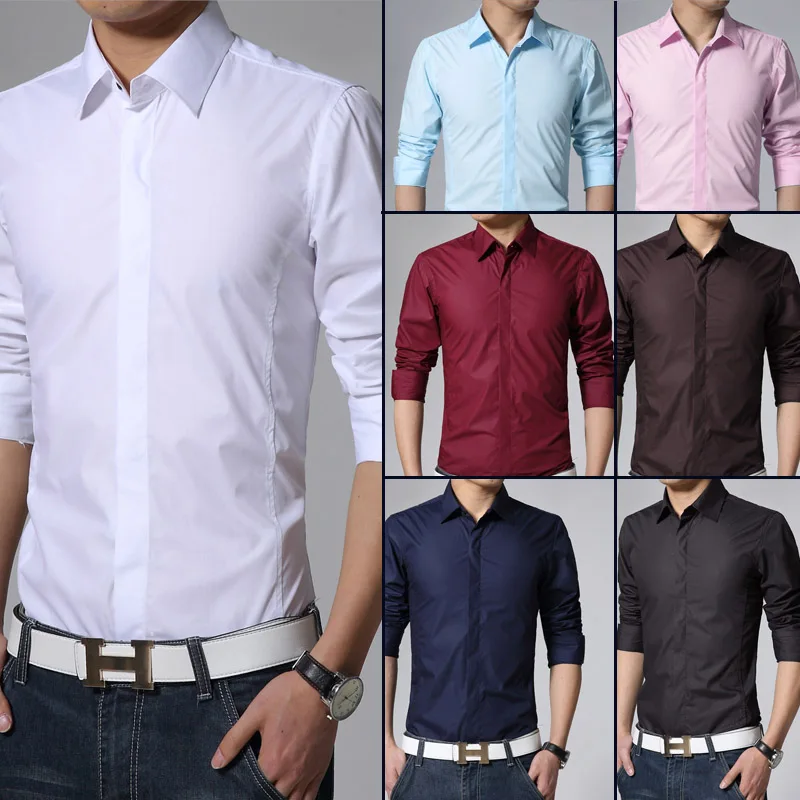 Человек Весна Повседневная рубашка, мужские рубашки с длинным рукавом мужская одежа сплошной цвет лицевая сторона мужской тонкий рубашка с длинным рукавом camisa masculina