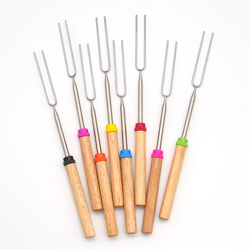 2 Pcs/set BBQ Forks Camping Campfire Stainless Steel Wooden Handle Telescoping Barbecue Roasting Fork Sticks Skewers BBQ Forks