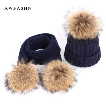 

2018 New Winter Raccoon Fur Pompom Knit Beanies Hat Scarf Sets Warm Woman Soft Cap Scarves Kids Parent-child Women Slouchy Girl