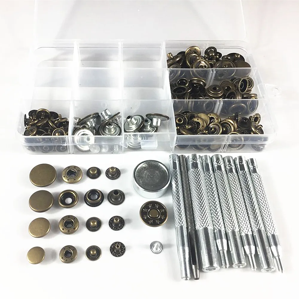 

9pcs Fixing Tools Kit+10-17mm 50set Metal Snap Fastener Press Stud Buttons Poppers Leather Craft Sewing Jeans Button+Storage Box