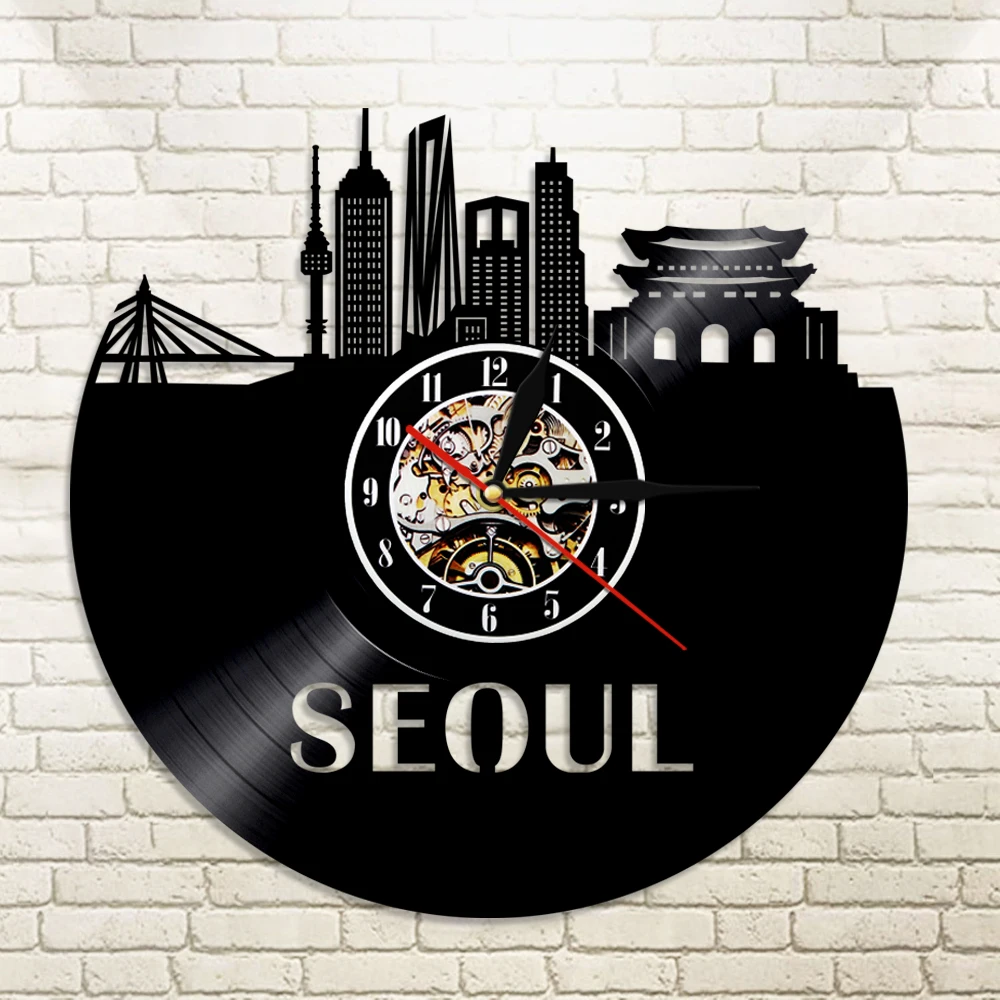 1Piece Home Decor Clock Quartz Silent Clock Seoul Skyline South Korea Gift Seoul City Vinyl Wall