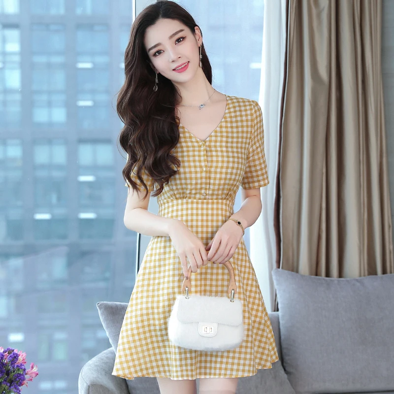 Summer Plaid Brown Cotton Party Women Short Dress Red Sexy Lady Slim Mini Office Classic Short Sleeve Runway Vestido 2019 New