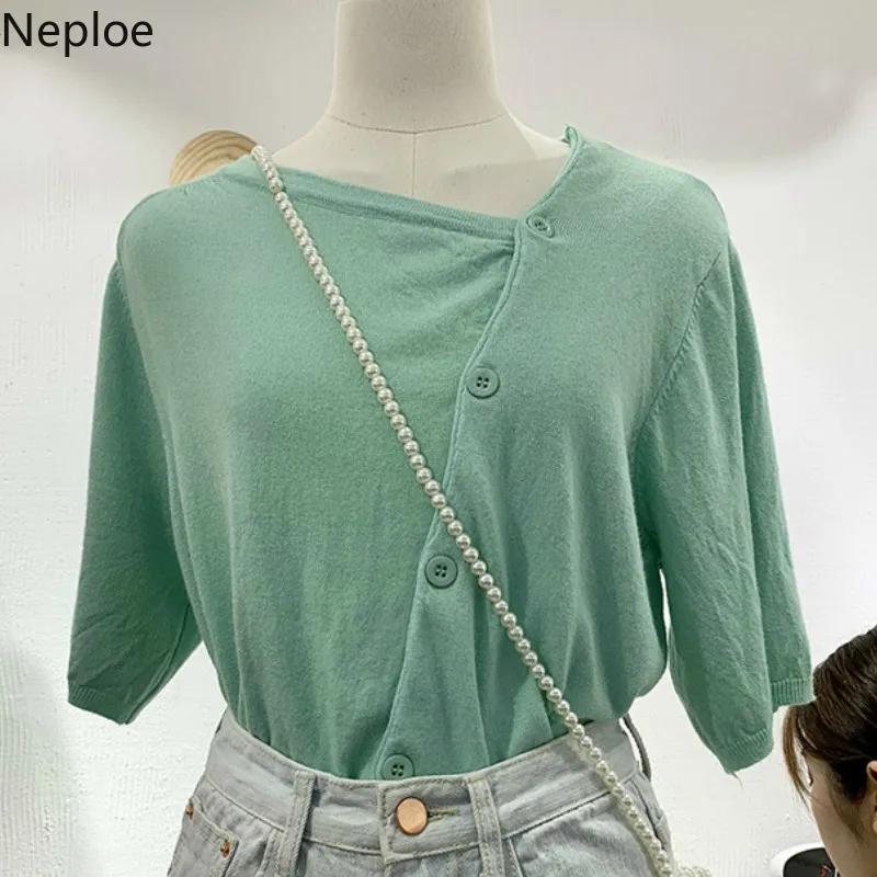 

Neploe Knitted Tees Women Summer 2019 Loose Single Breasted Short Sleeve Tops Sweet Girl Solid T-shirts 43575