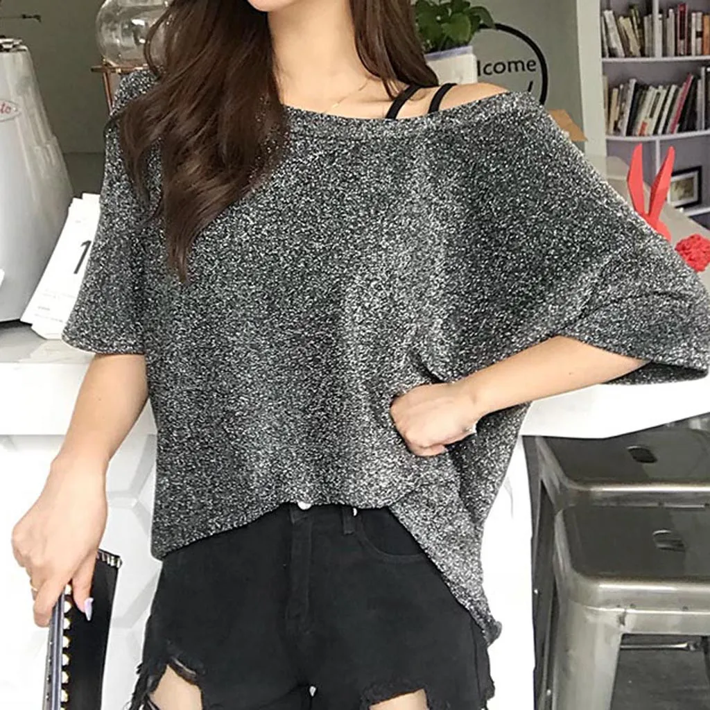 Women Blouse 2019 Summer Women's Shining Shining Top Short Sleeve T-Shirt With Short Shoulders