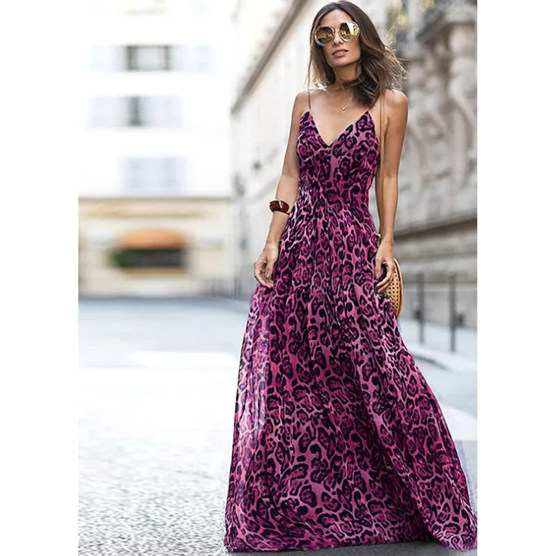 Винтажное платье макси с леопардовым принтом, женское сексуальное платье с v-образным вырезом на бретельках, летнее шифоновое пляжное Ретро длинное платье, Vestidos DG404 - Цвет: Фуксия