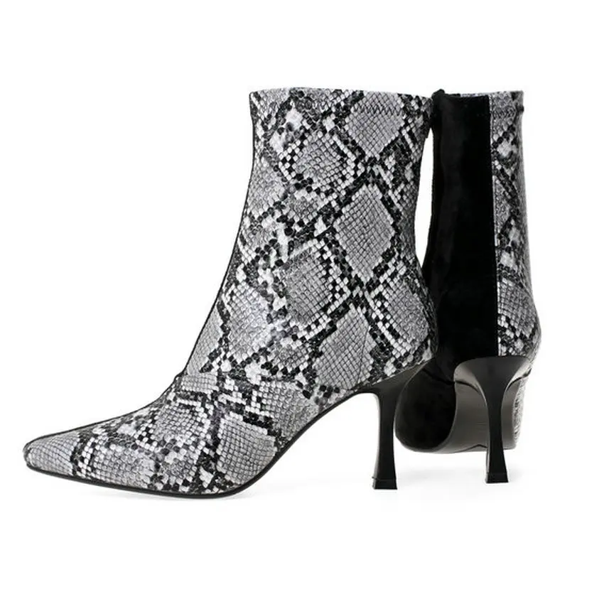 QUTAA High Heel Autumn Winter Ankle Boots Fashion Mixed Color Snake Print PU Flock Zipper Women Short Boots Size 34-43