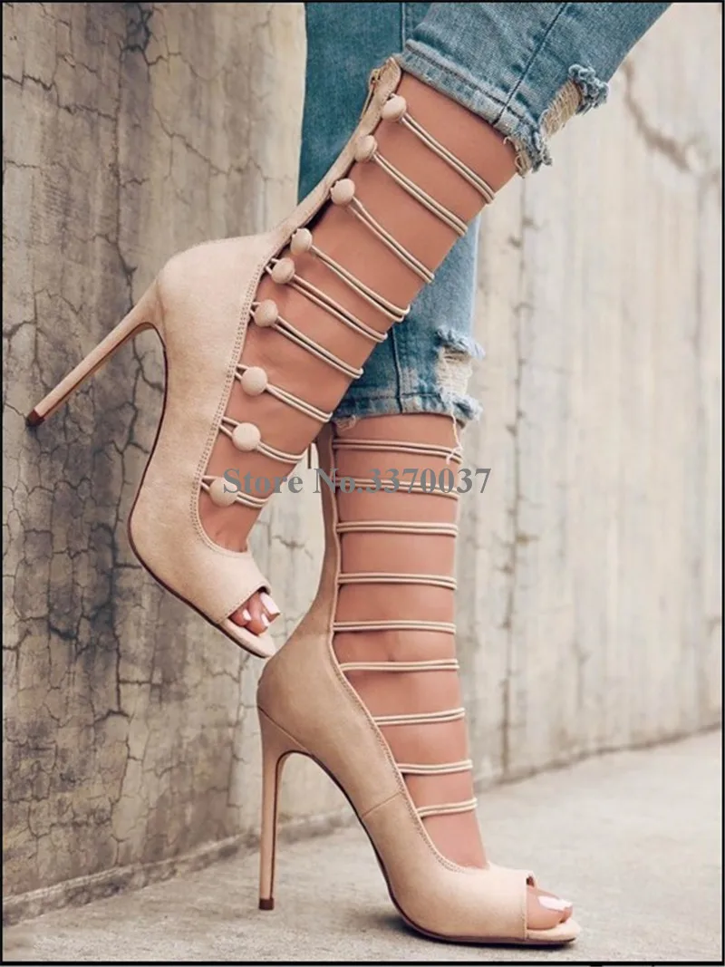Новые модные женские туфли с открытым носком замшевые Strappy Римские сандалии Вырез Молния сзади на шнуровке босоножки на высоком каблуке Туфли под платье - Цвет: as picture
