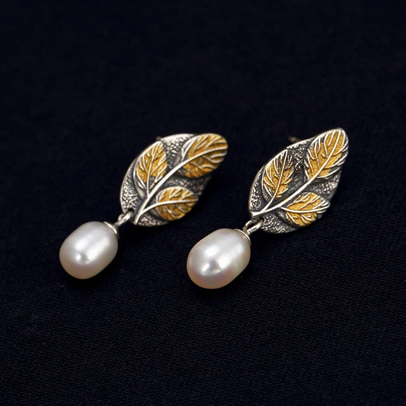 

INALIS New Unique Design Drop Earrings 925 Sterlinng Silver Leaf Shape with Natural Pearl Dangle Brincos for Women Party Jewelry