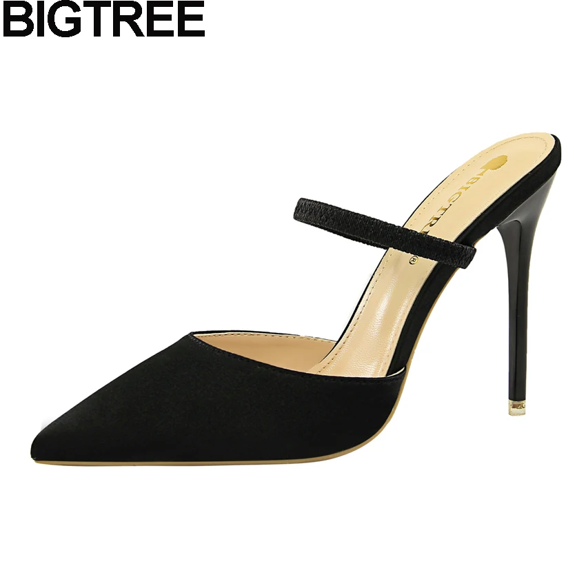 

BIGTREE Women Basic Solid Pumps Pointy Toe High Heels Satin Silk Slingback Sandals Cut Out Mule Slides Stilettos Woman Shoes