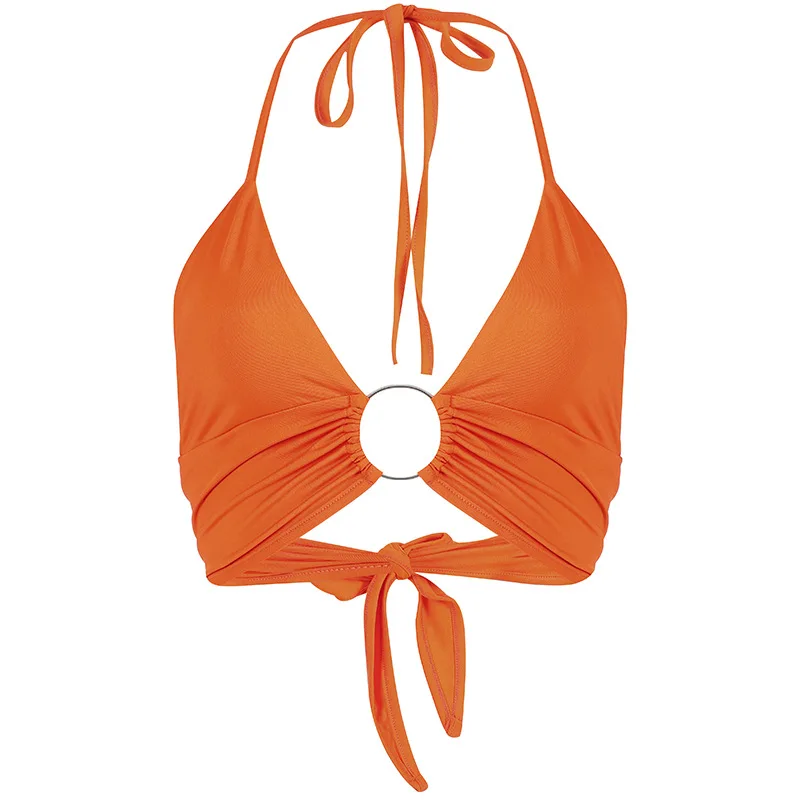 BOOFEENAA неоновый короткий топ без косточек с лямкой через шею для женщин, праздничная Клубная одежда в уличном стиле, летние топы на бретельках с открытой спиной, C67-H05 - Цвет: Оранжевый