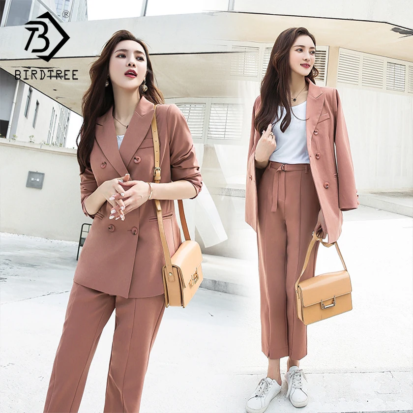 Prix Femmes bureau dame deux pièces solide élégant Double boutonnage Turn down col Blazers pantalon avec ceintures nouveaux costumes S88713Y