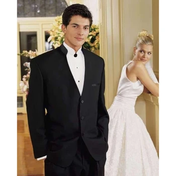 

Three Buttons Chinese collar Fit Black Groom Tuxedos Wedding Party Groomsman men suit Wedding Party Suits ( jacket+Pants+tie)