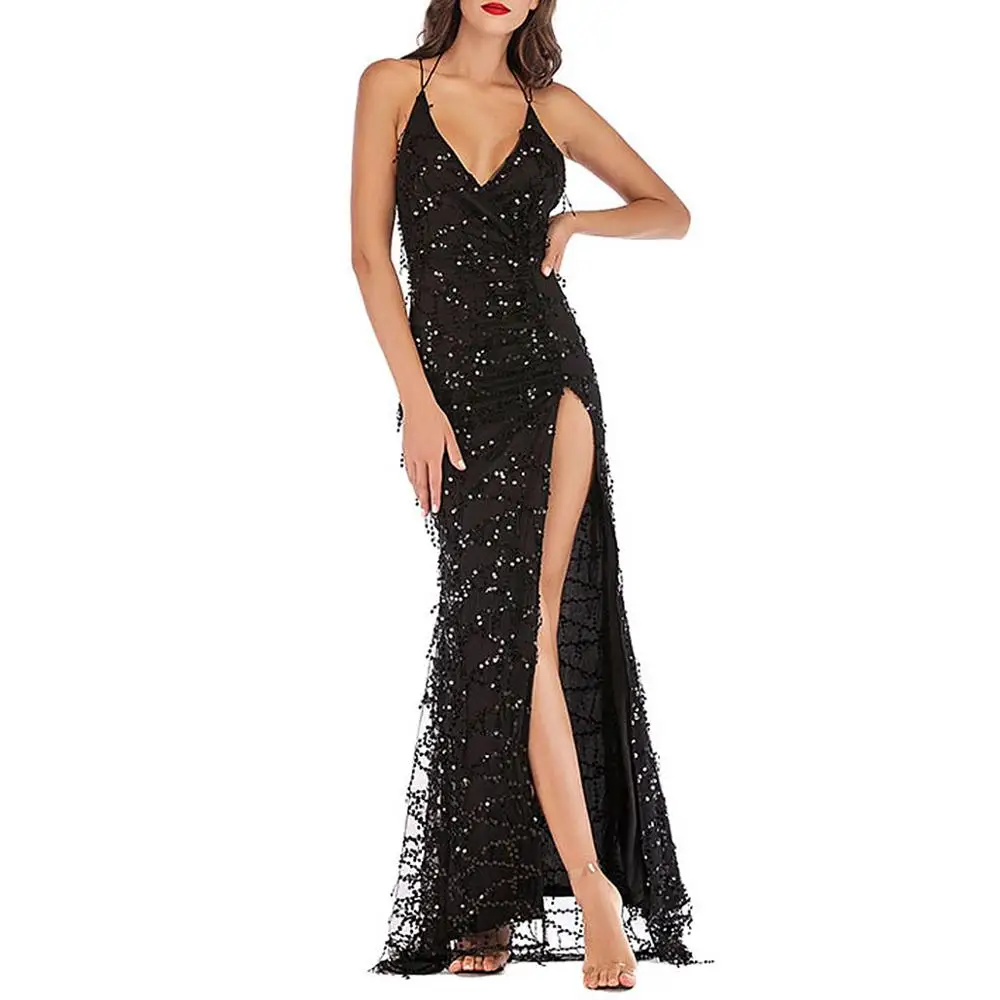 

SX Black Sequined Splicing Irregular Suspended dress with tassel Embroidery and high fork sexy Backless Longuette