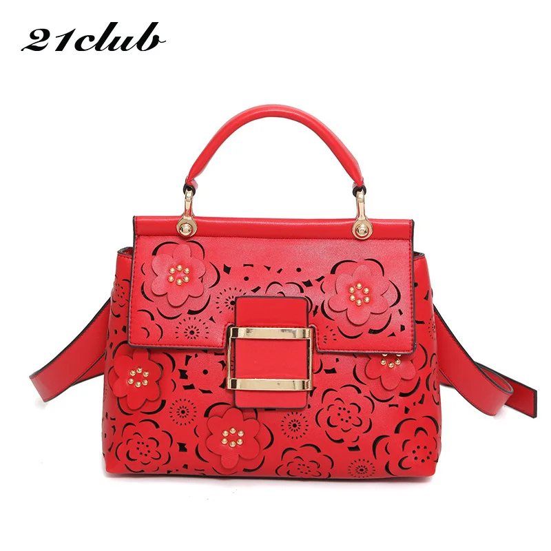 

21club Brand New Women Pu Leather Handbag Women Messenger Bag Shopping Work Female Leather Shoulder Bag Women's Flower Handbags