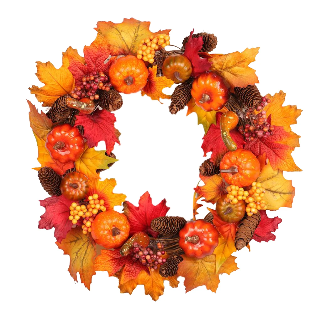 Fall Front Door Wreaths 18 Inch Pumpkin Harvest Wreath Autumn Mum Wreath Silk Maple Leaves For Thanksgiving Day