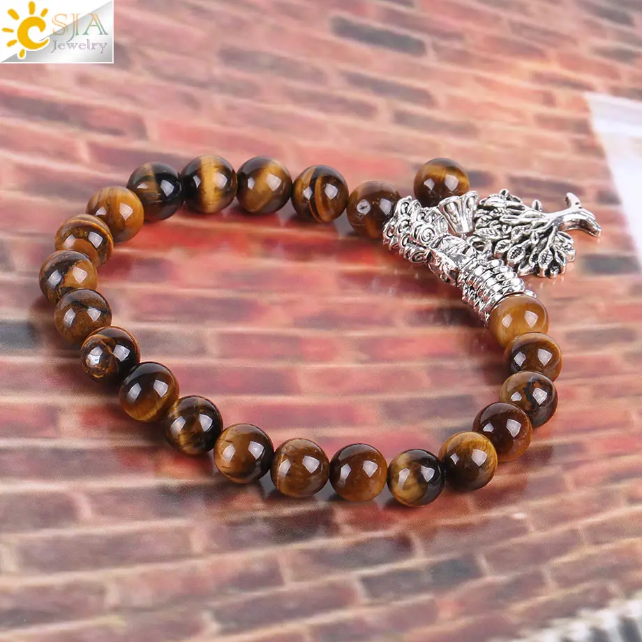 CSJA Natural Tiger Eye Lucky Gem Stone Tree of Life Bracelets 2017 Rosary Reiki Healing Energy Mala Yoga Beads Men Jewelry E725 3