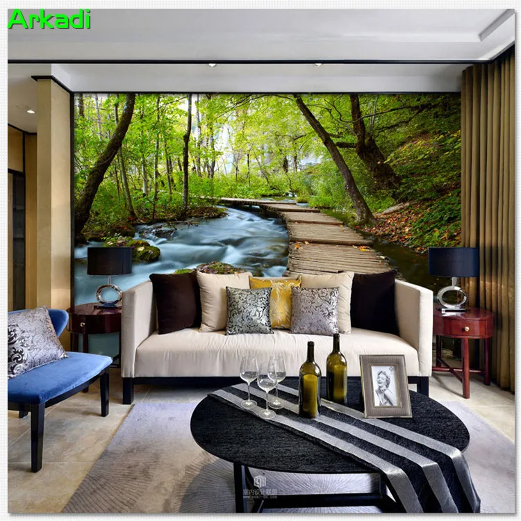 

3D wallpaper wallpaper forest stream space expansion TV background wall living room bedroom mural wallpaper bridge bridge water