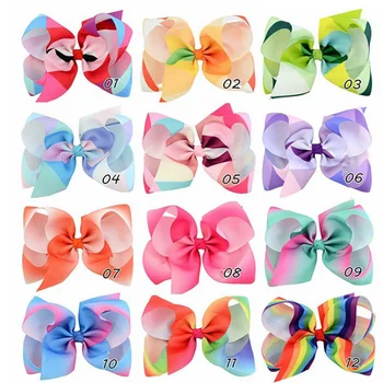 

12pcs/lot 6''Baby Hair Clips Rainbow Bow Large Bubble Flower Barrette Ribbon Bowknot Hairpin Boutique Kids Hair Accessory A67