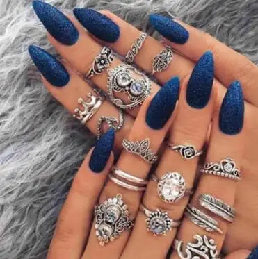 

16 Pcs/set Women Bohemian Vintage Crown Wave Flower Heart Leaf Crystal Opal Joint Ring Party Silver Ring Set