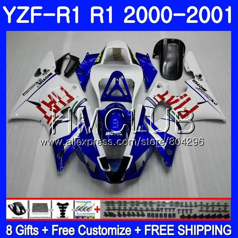 

Bodys For YAMAHA YZF 1000 YZF R 1 YZF R1 00 01 YZF-1000 Frame 108HM15 blue white YZF1000 YZFR1 00 01 YZF-R1 2000 2001 Fairing