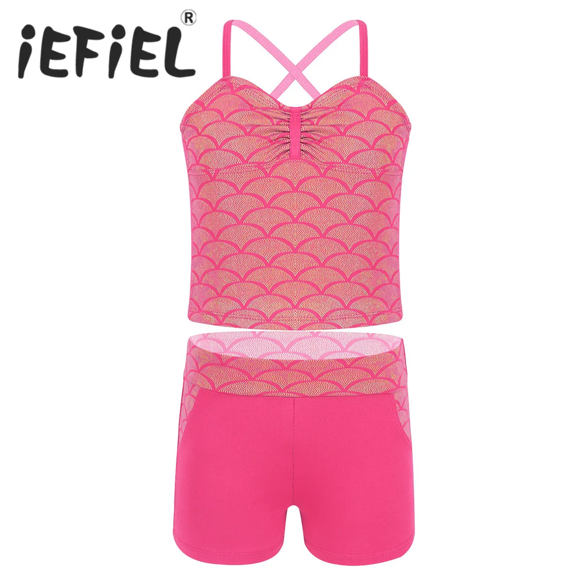 

Kids Girls Tankini Ballet Dance Set Mermaid Scales Pattern Printed Swimsuit Swimwear Bathing Suit Set Tops with Bottoms SZ 4-14