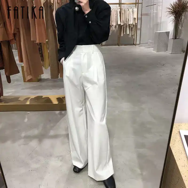 Chic High-waisted Womens Cashmere Blend Wide-leg Pants Loose Solid Lace Up
