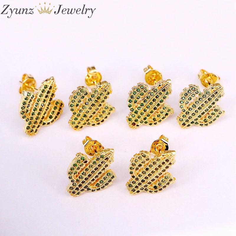 

5 Pairs Green cz cactus stud earring Gold color 2019 summer New girl cubic zirconia fashion jewelry