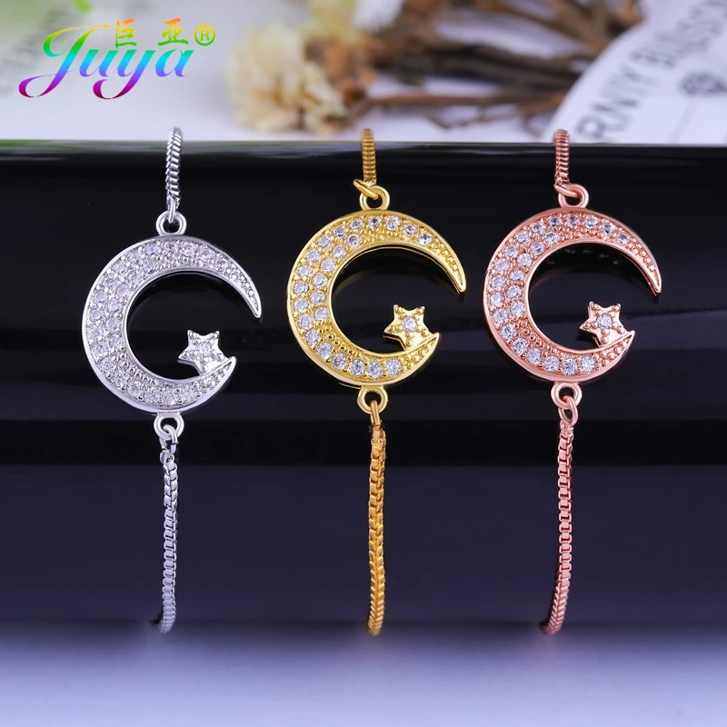

Juya Fashion Islamic Jewelry Supplies Micro Pave Zircon Moon Star Crescent Muslim Allah Bracelets For Women Men Gift Jewelry