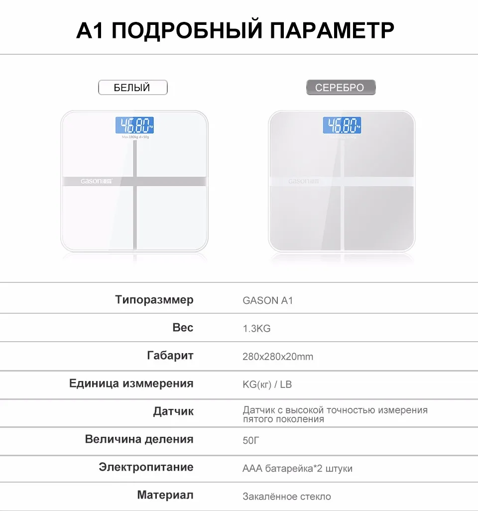 GASON A1 Весы напольные жк-дисплей Закаленное стекло 180кг/50г