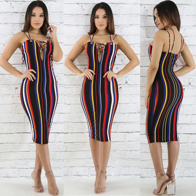 

Sexy Women Summer Bandage Striped Dress 2017 Strap V-neck Rainbow Bodycon Evening Party Club Dress