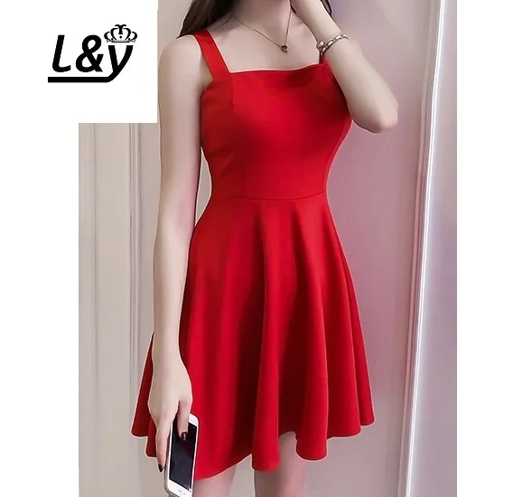 

L&Y Square Neck Women Dress Summer Ladies Vestidos New Arrivals Fashion Solid Knit Sleeveless Slim A Line Elegant Dress 2019
